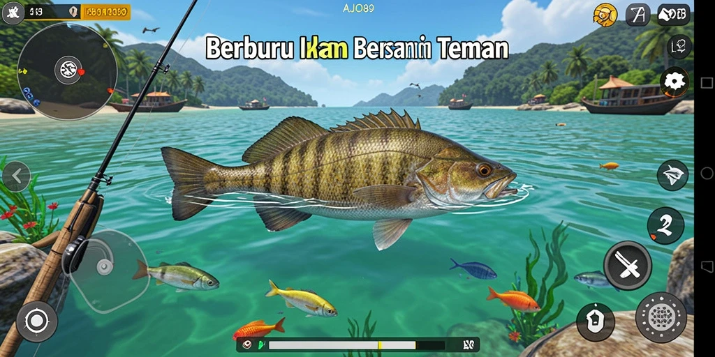 Tampilan gameplay seru AJO89 dengan banyak ikan di lautan.