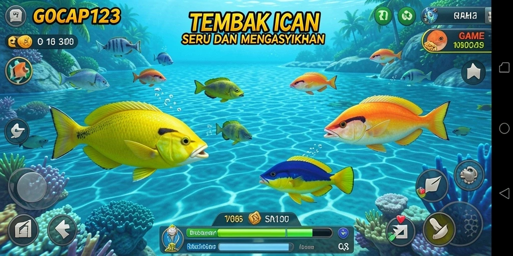 Tampilan gameplay menarik GOCAP123 dengan berbagai ikan yang menunggu untuk ditembak.