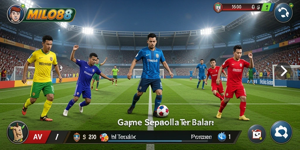 Screenshot menunjukkan aksi seru dalam game sepak bola MILO88.