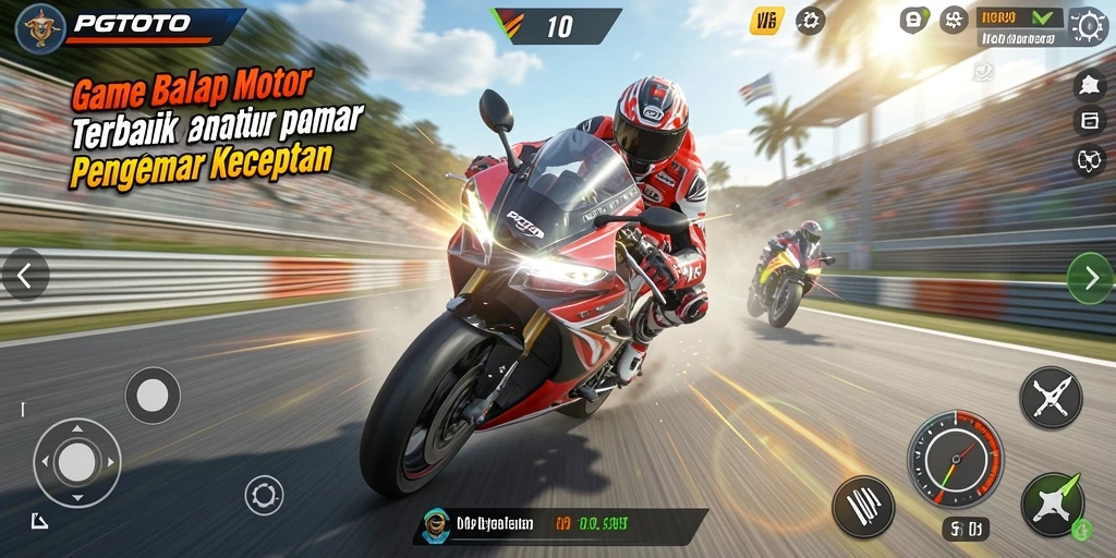 Screenshot PGTOTO menampilkan pengendara motor melaju kencang di trek balap yang menantang.