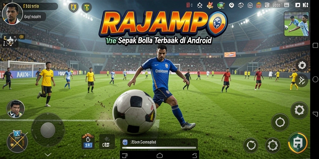 Screenshot gameplay RAJAMPO, menunjukkan aksi dribbling dan gol yang epik.